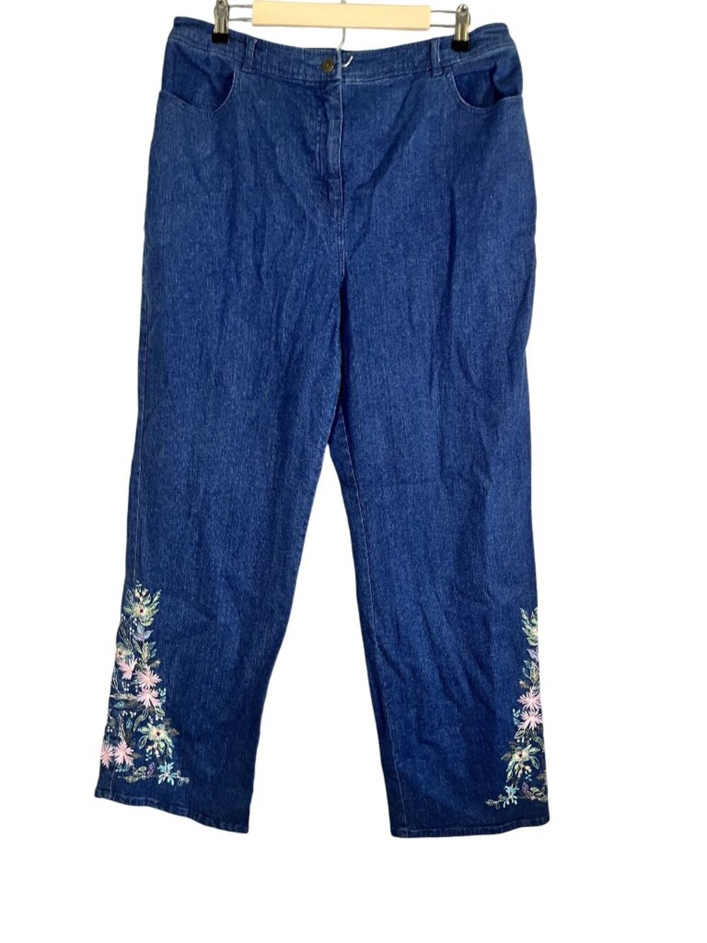 Colorful Floral Embroidered Denim Wide Leg‎ Jeans XL Western Boho Indie Hippie